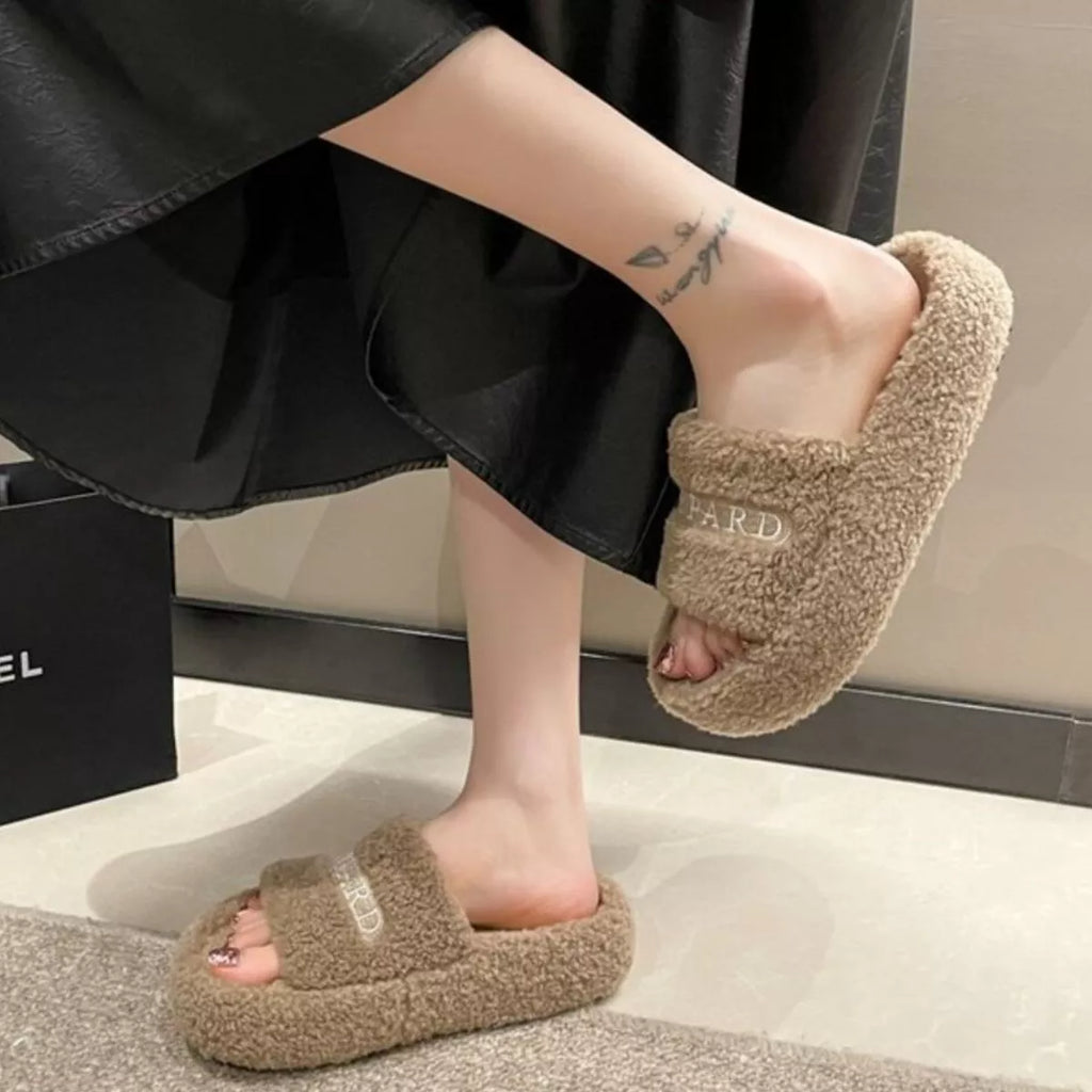 Fuzzy Plush Open Toe Slippers