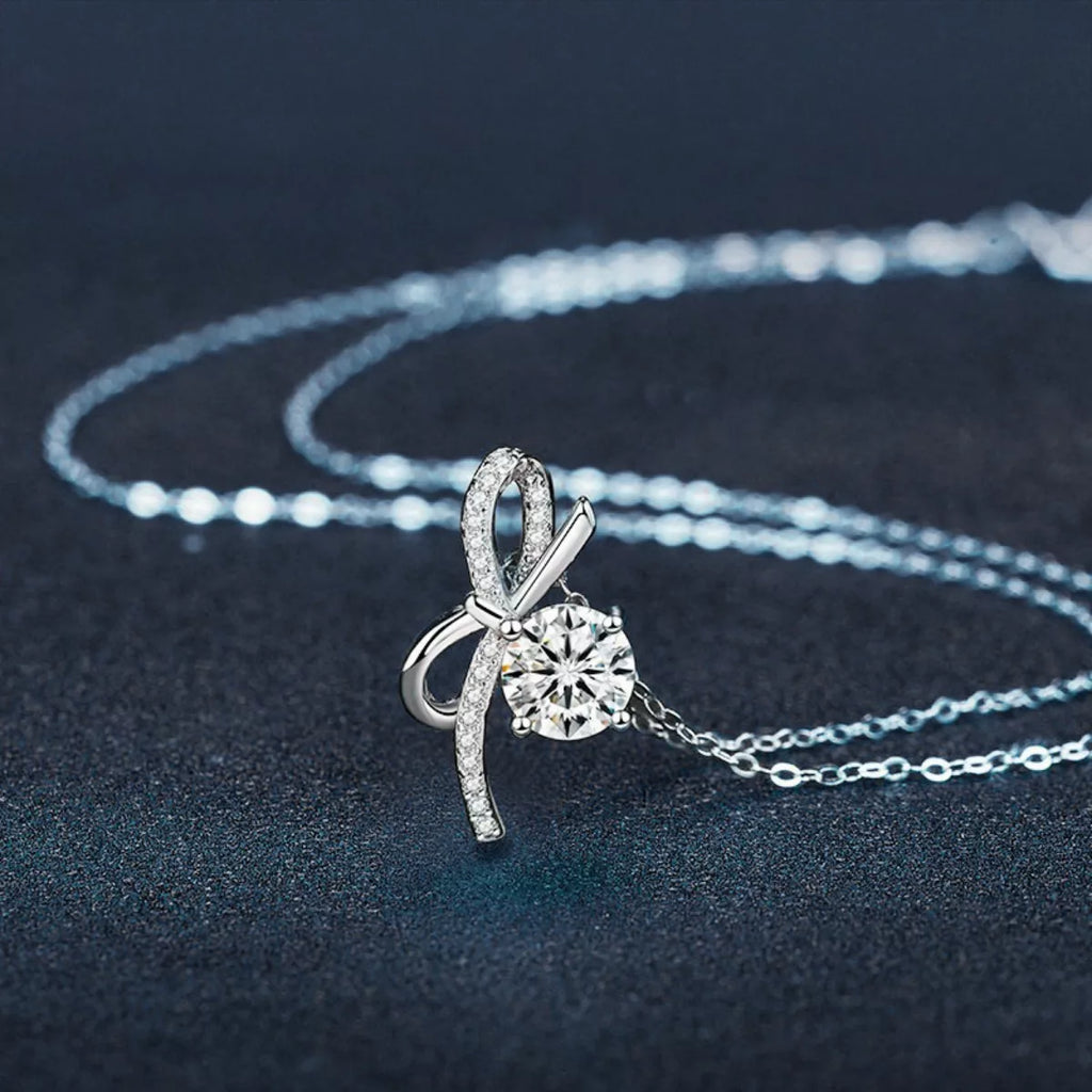 1 Carat Moissanite 925 Sterling Silver Bowknot Necklace