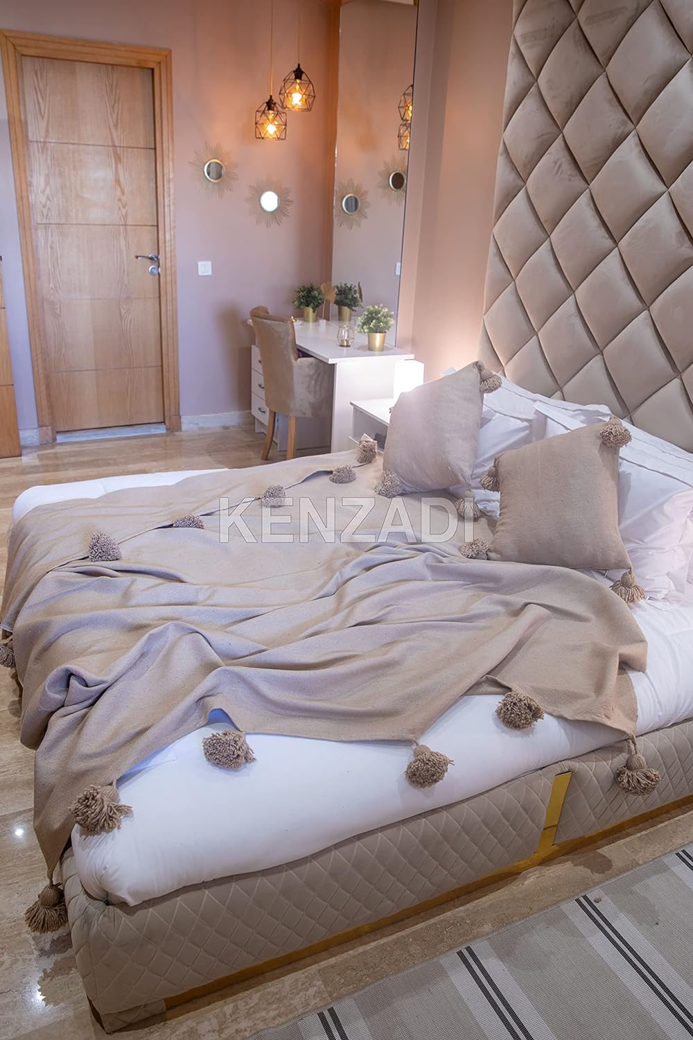 KENZADI Moroccan Handmade Pompom Blanket, Throw Blanket, Pom Pom Blanket, Boho Blanket, Bed Cover, Warm Blanket, Cozy Blanket (Brown with pom Brown, Queen (U.S. Standard))