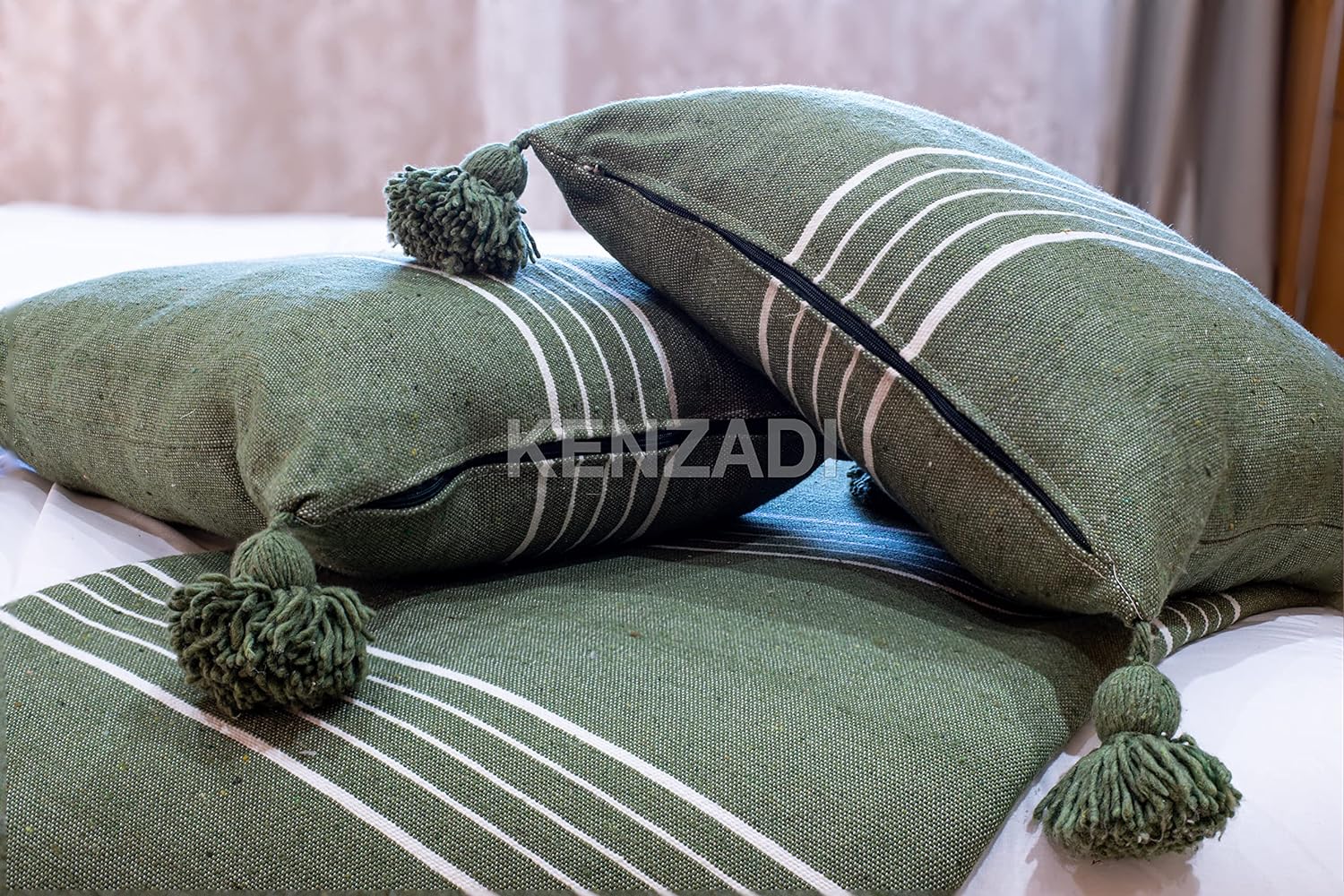KENZADI Moroccan Handmade Pompom Blanket, Throw Blanket, Pom Pom Blanket, Boho Blanket, Bed Cover, Warm Blanket, Cozy Blanket (Green with pom Green, King (U.S. Standard))