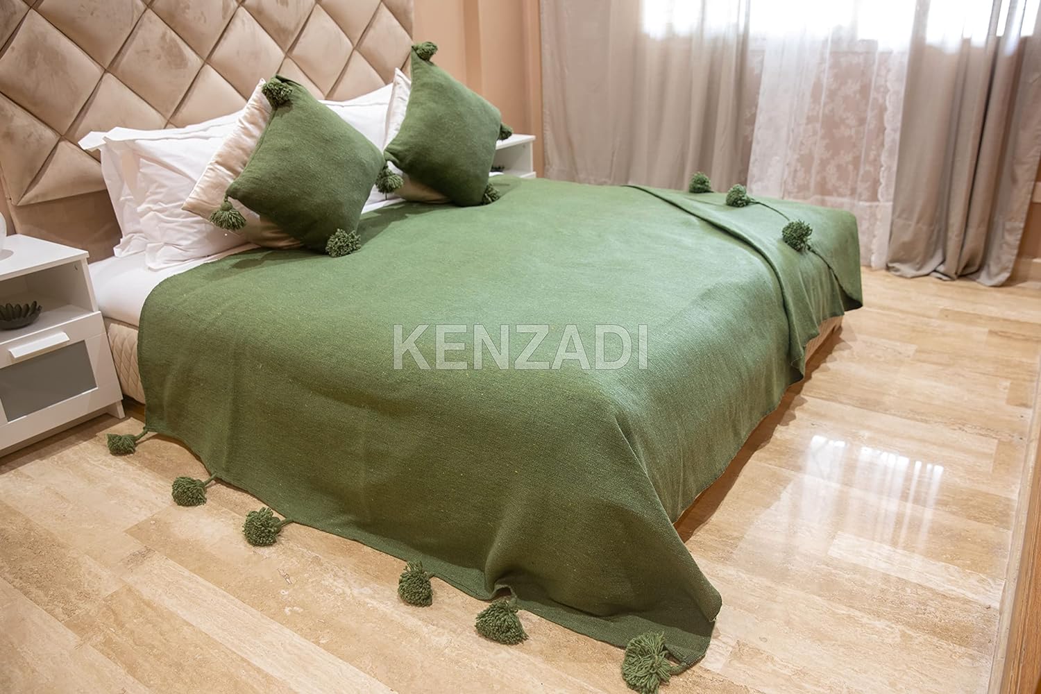 KENZADI Moroccan Handmade Pompom Blanket, Throw Blanket, Pom Pom Blanket, Boho Blanket, Bed Cover, Warm Blanket, Cozy Blanket (Green with pom Green, Queen (U.S. Standard))