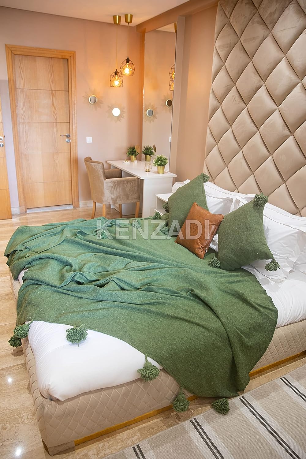 KENZADI Moroccan Handmade Pompom Blanket, Throw Blanket, Pom Pom Blanket, Boho Blanket, Bed Cover, Warm Blanket, Cozy Blanket (Green with pom Green, Queen (U.S. Standard))