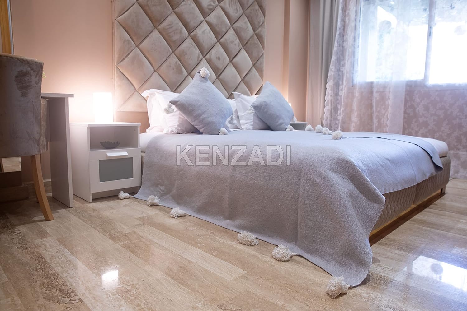 KENZADI Moroccan Handmade Pompom Blanket, Throw Blanket, Pom Pom Blanket, Boho Blanket, Bed Cover, Warm Blanket, Cozy Blanket (Grey with pom White, Queen (U.S. Standard))