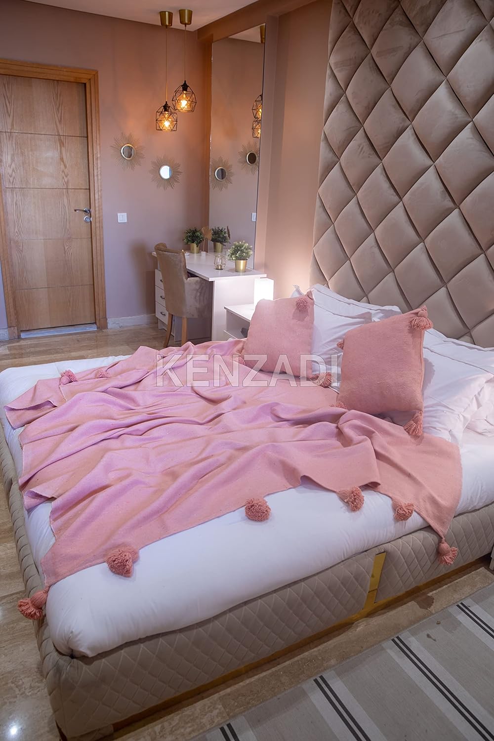 KENZADI Moroccan Handmade Pompom Blanket, Throw Blanket, Pom Pom Blanket, Boho Blanket, Bed Cover, Warm Blanket, Cozy Blanket (Pink with pom Pink, King (U.S. Standard))