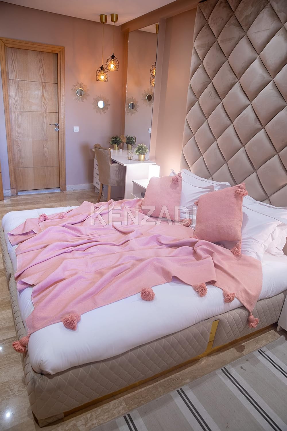 KENZADI Moroccan Handmade Pompom Blanket, Throw Blanket, Pom Pom Blanket, Boho Blanket, Bed Cover, Warm Blanket, Cozy Blanket (Pink with pom Pink, King (U.S. Standard))
