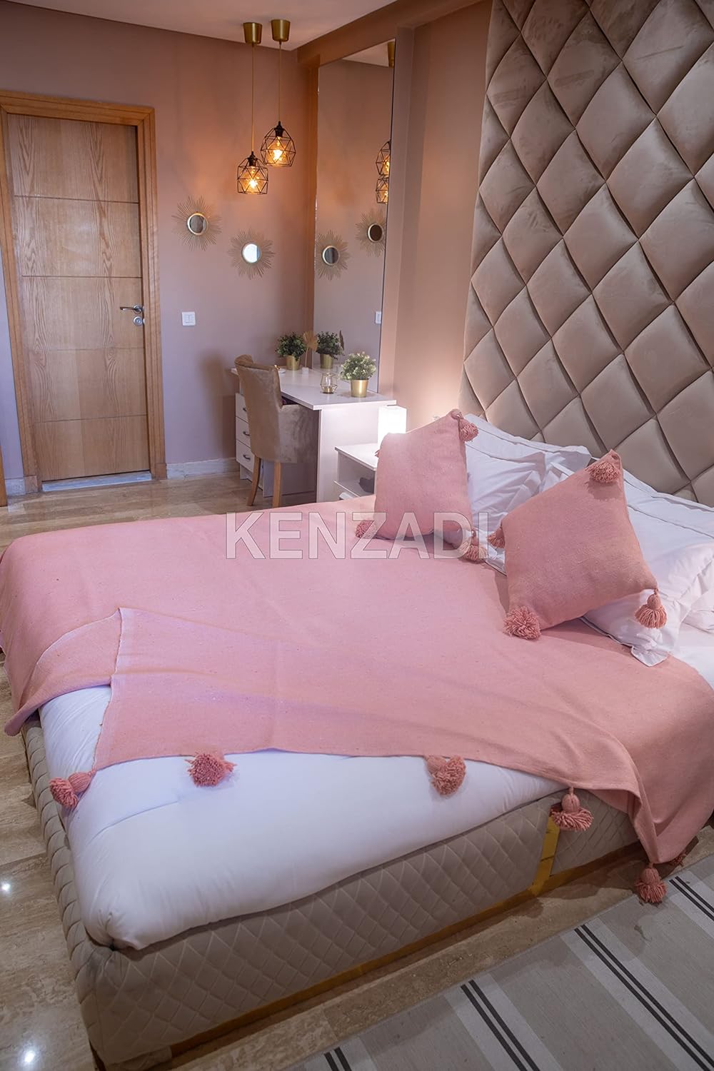 KENZADI Moroccan Handmade Pompom Blanket, Throw Blanket, Pom Pom Blanket, Boho Blanket, Bed Cover, Warm Blanket, Cozy Blanket (Pink with pom Pink, King (U.S. Standard))
