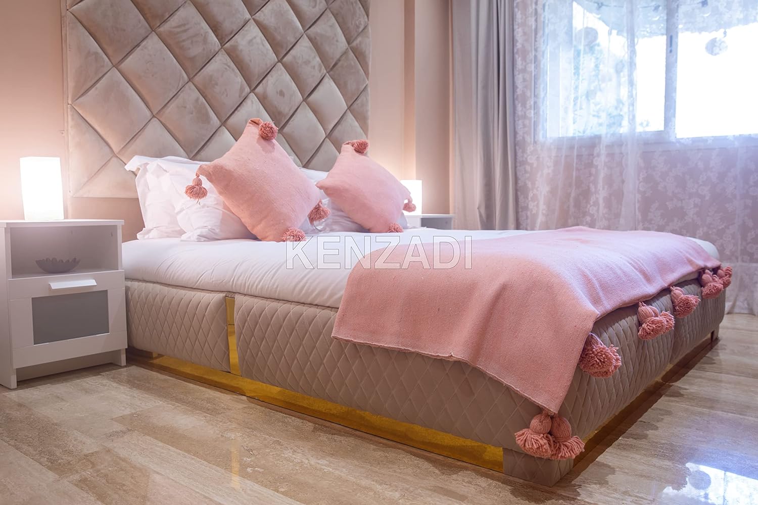 KENZADI Moroccan Handmade Pompom Blanket, Throw Blanket, Pom Pom Blanket, Boho Blanket, Bed Cover, Warm Blanket, Cozy Blanket (Pink with pom Pink, King (U.S. Standard))