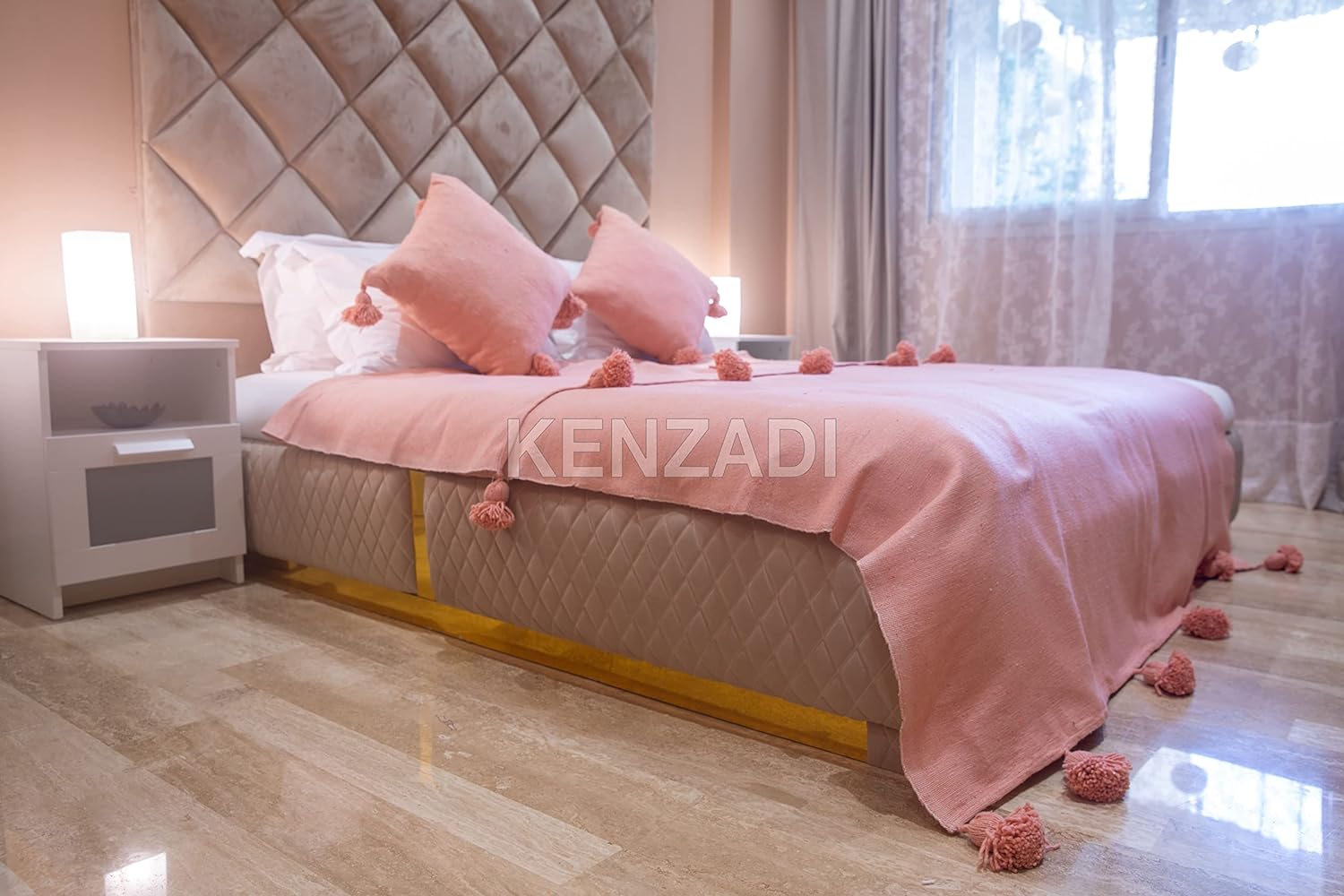 KENZADI Moroccan Handmade Pompom Blanket, Throw Blanket, Pom Pom Blanket, Boho Blanket, Bed Cover, Warm Blanket, Cozy Blanket (Pink with pom Pink, King (U.S. Standard))