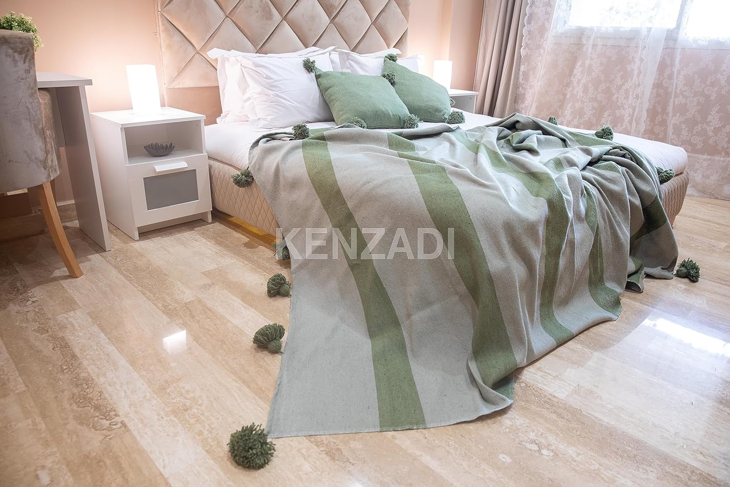 KENZADI Moroccan Handmade Pompom Blanket, Throw Blanket, Pom Pom Blanket, Boho Blanket, Bed Cover, Warm Blanket, Cozy Blanket (Striped Green with pom Green, King (U.S. Standard))