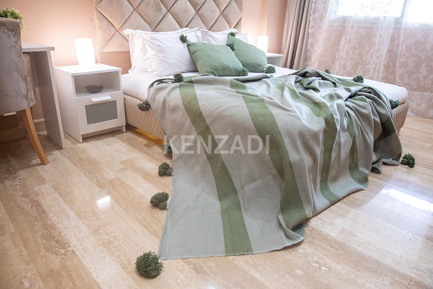 KENZADI Moroccan Handmade Pompom Blanket, Throw Blanket, Pom Pom Blanket, Boho Blanket, Bed Cover, Warm Blanket, Cozy Blanket (Striped Green with pom Green, Queen (U.S. Standard))