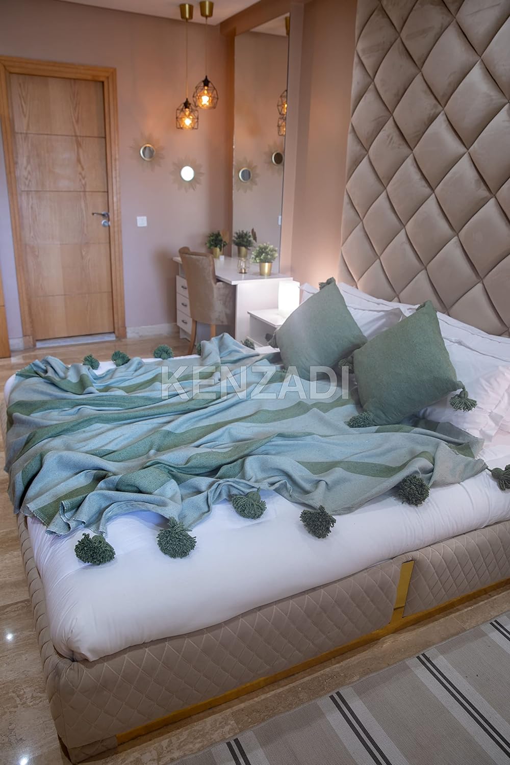 KENZADI Moroccan Handmade Pompom Blanket, Throw Blanket, Pom Pom Blanket, Boho Blanket, Bed Cover, Warm Blanket, Cozy Blanket (Striped Green with pom Green, Queen (U.S. Standard))