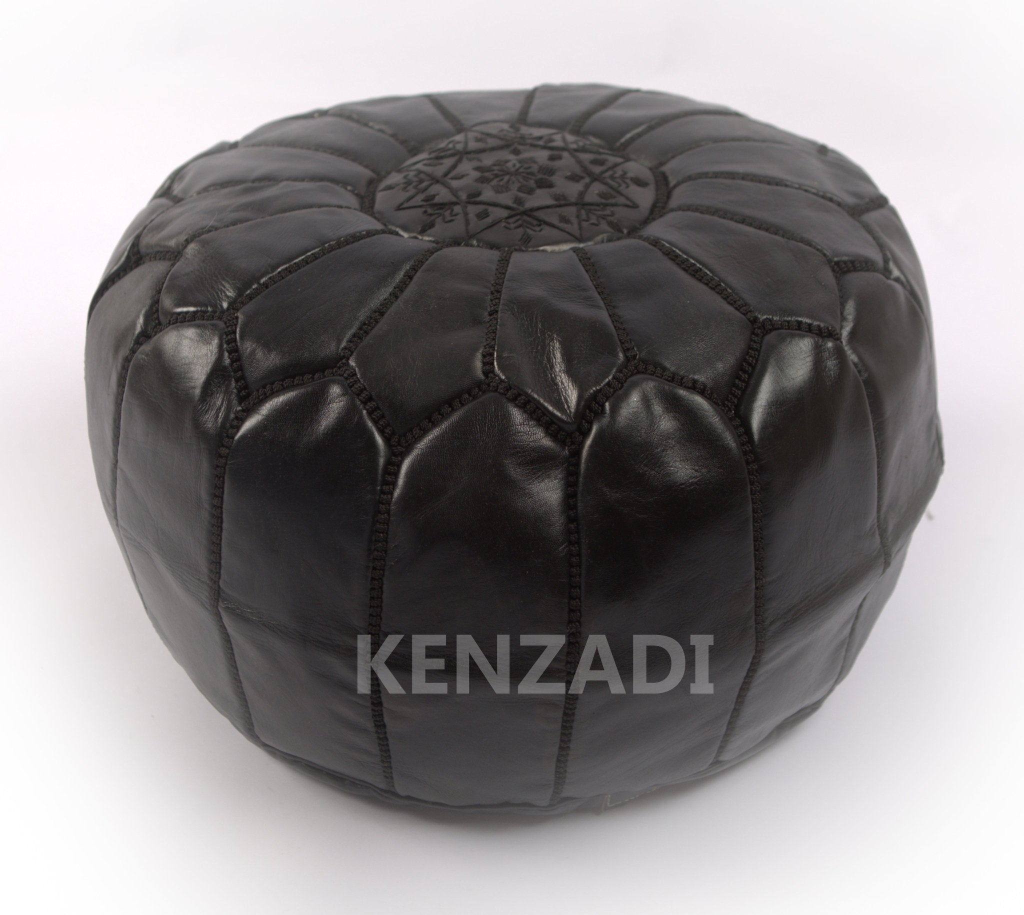 Moroccan leather Pouf, round Pouf, berber Pouf, Black Pouf with Black embroidery by MyPoufs.com