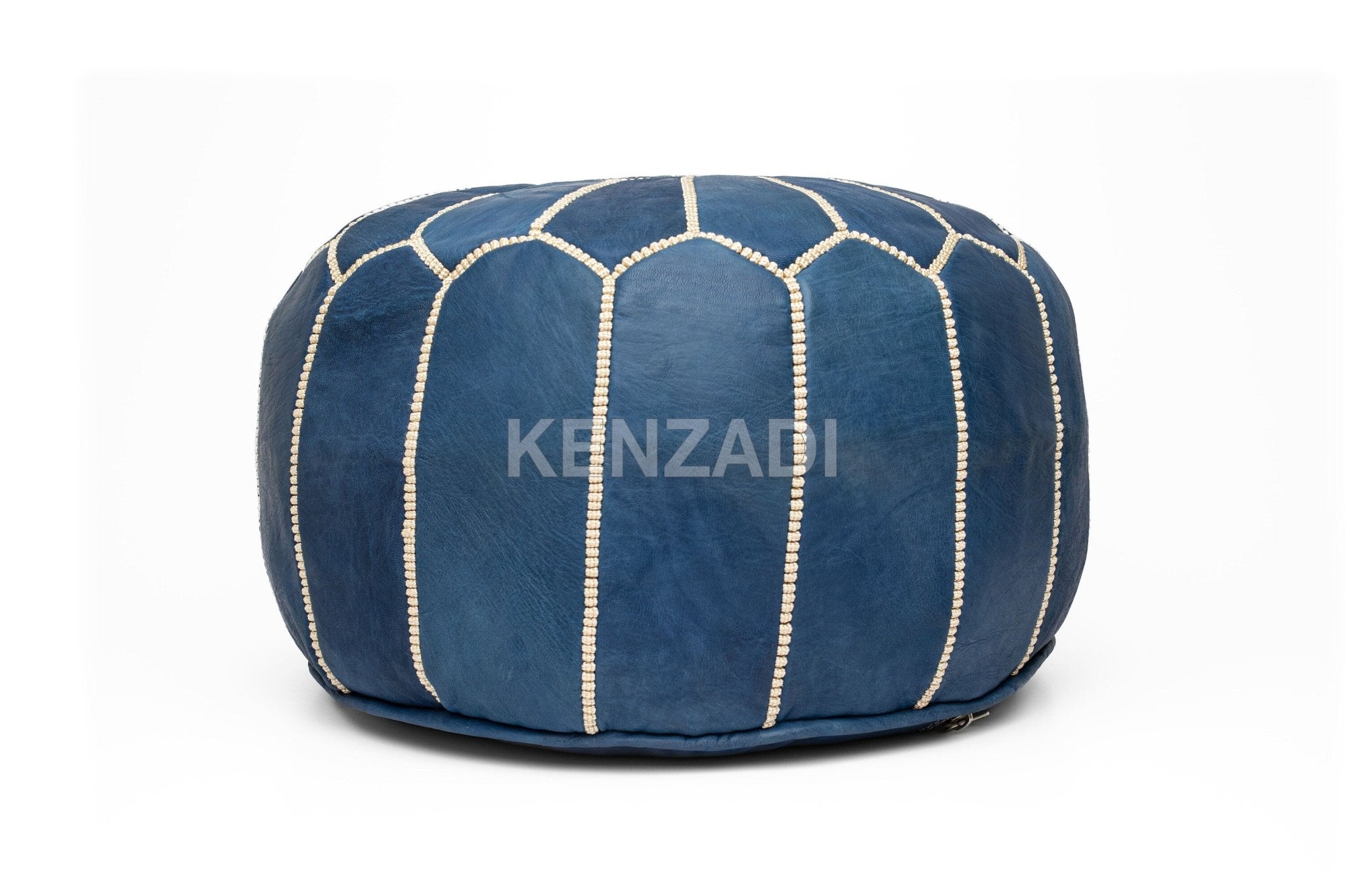 Moroccan leather pouf, round pouf, berber pouf, blue pouf with beige embroidery by MyPoufs.com