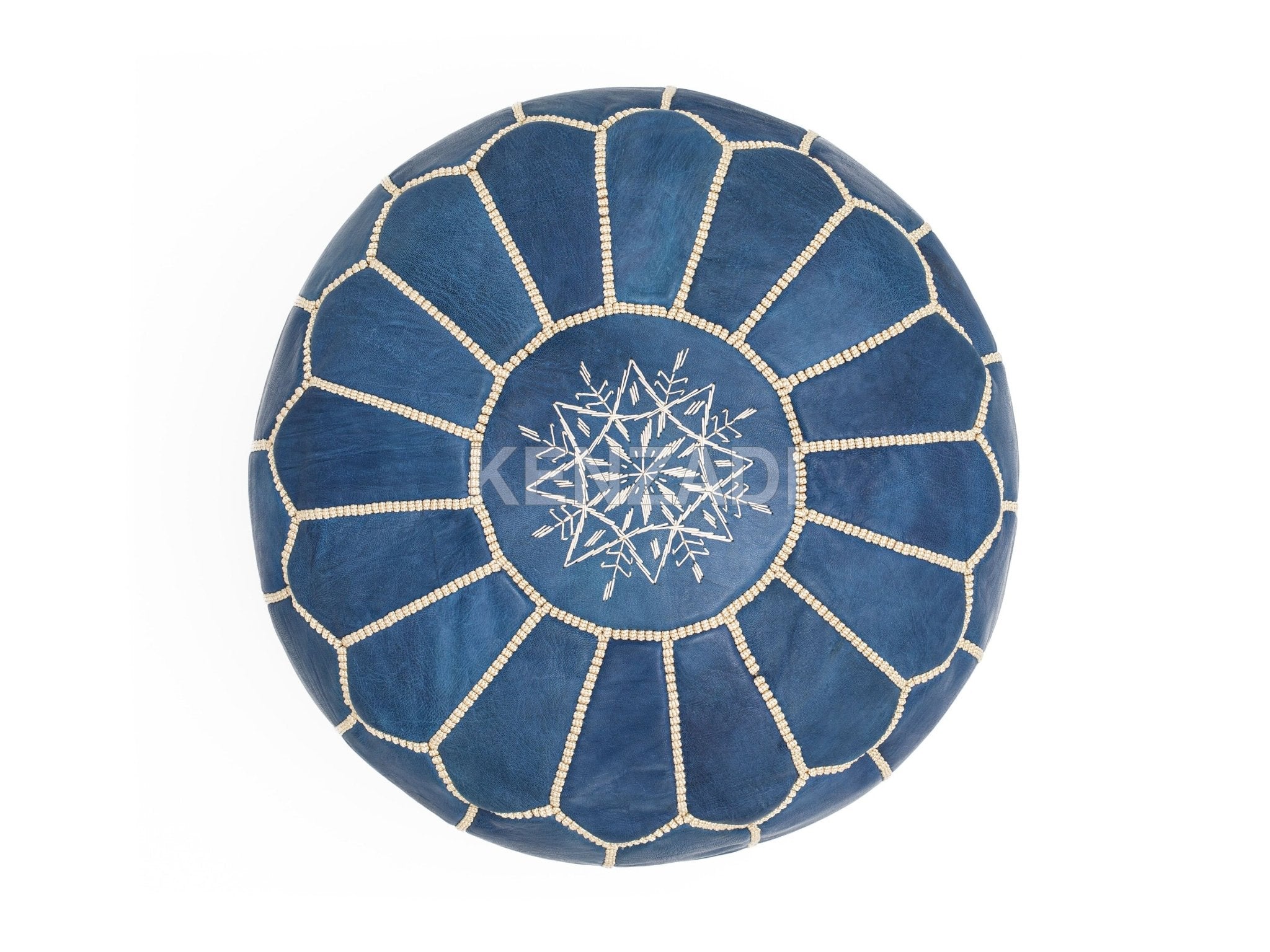 Moroccan leather pouf, round pouf, berber pouf, blue pouf with beige embroidery by MyPoufs.com