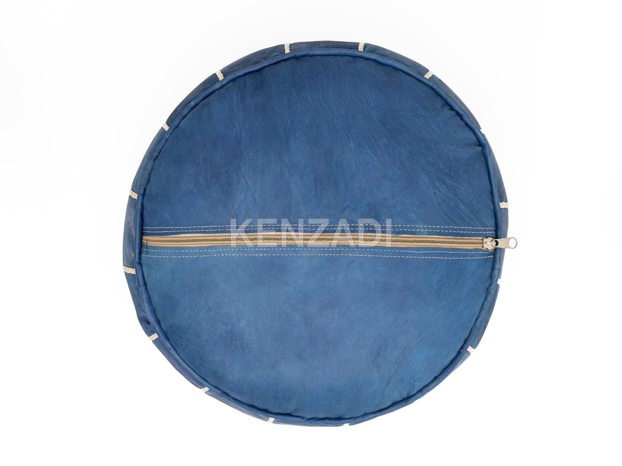 Moroccan leather pouf, round pouf, berber pouf, blue pouf with beige embroidery by MyPoufs.com