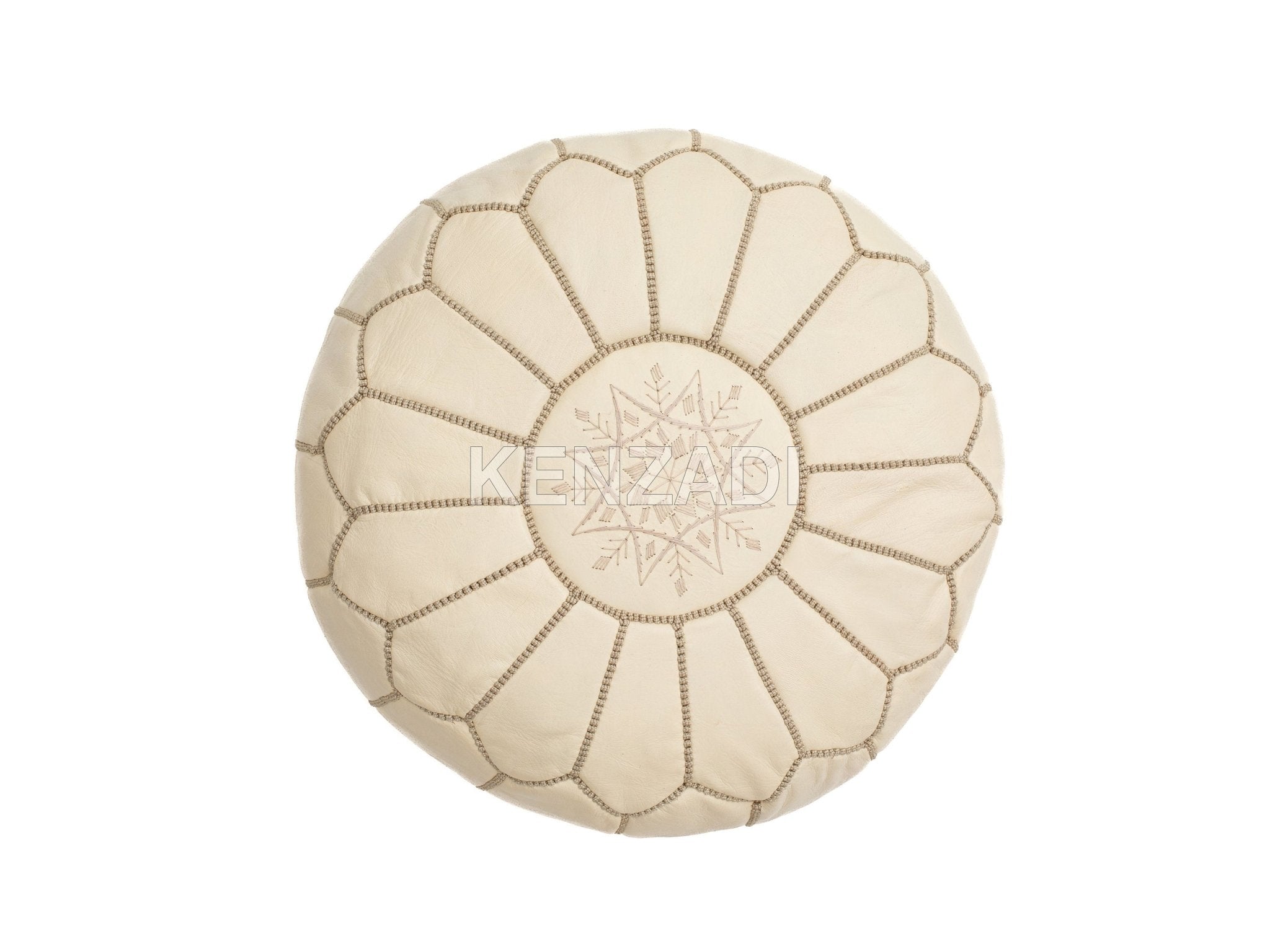 Moroccan leather pouf, round pouf, berber pouf, Creamy White with White embroidery by MyPoufs.com