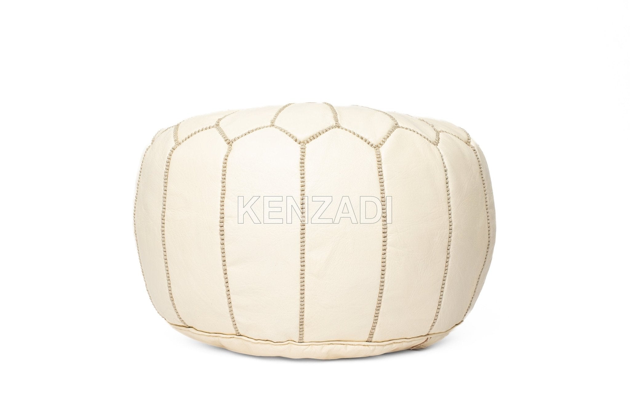 Moroccan leather pouf, round pouf, berber pouf, Creamy White with White embroidery by MyPoufs.com