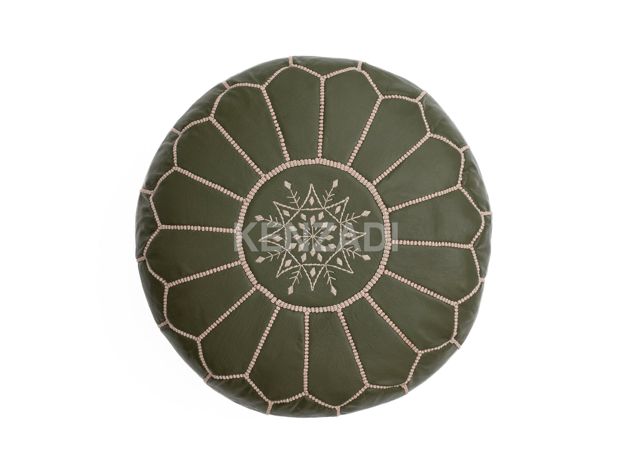 Moroccan leather pouf, round pouf, berber pouf, crocodile green pouf with beige embroidery by MyPoufs.com