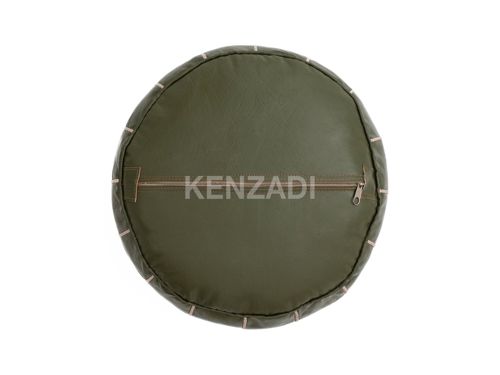 Moroccan leather pouf, round pouf, berber pouf, crocodile green pouf with beige embroidery by MyPoufs.com
