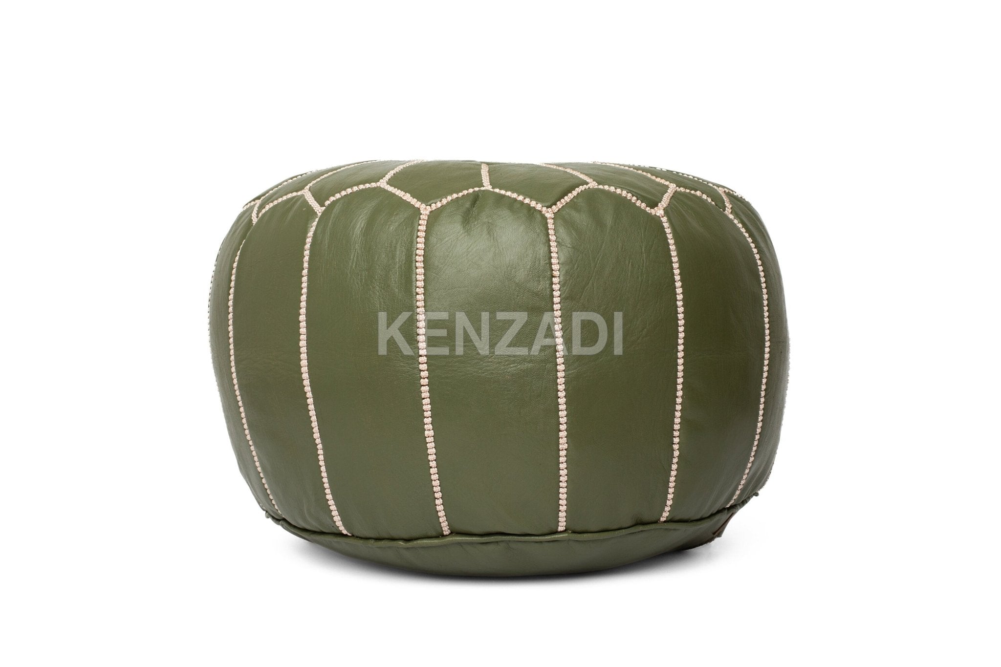 Moroccan leather pouf, round pouf, berber pouf, crocodile green pouf with beige embroidery by MyPoufs.com