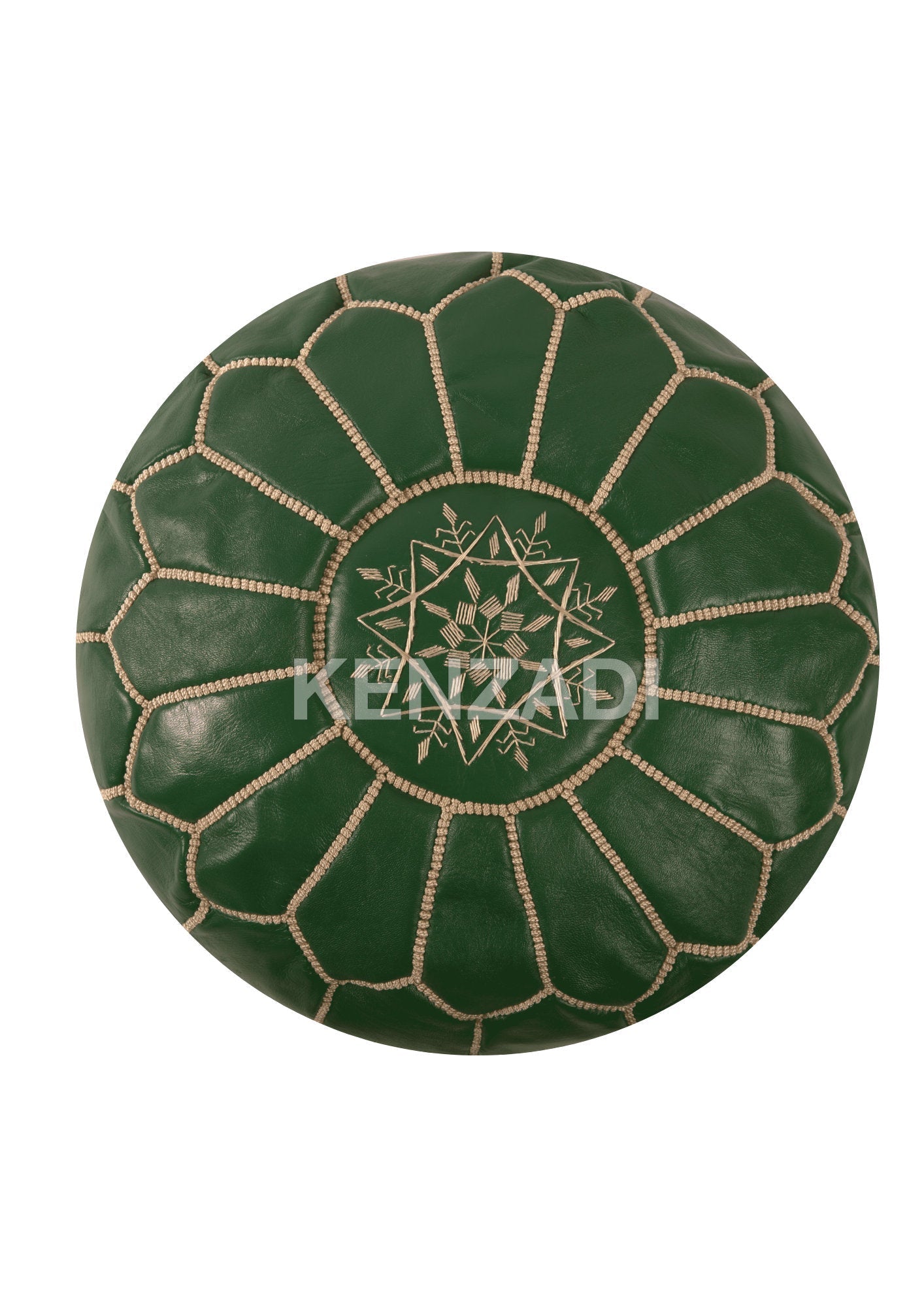 Moroccan leather pouf, round pouf, berber pouf, Dark Green pouf with Beige embroidery by MyPoufs.com