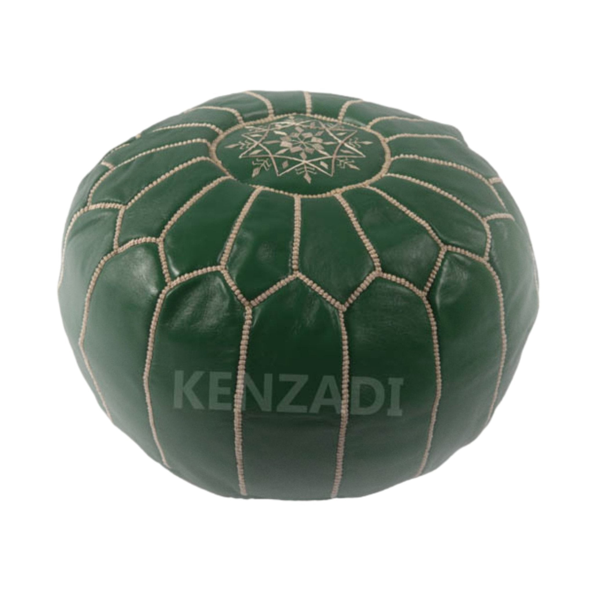 Moroccan leather pouf, round pouf, berber pouf, Dark Green pouf with Beige embroidery by MyPoufs.com