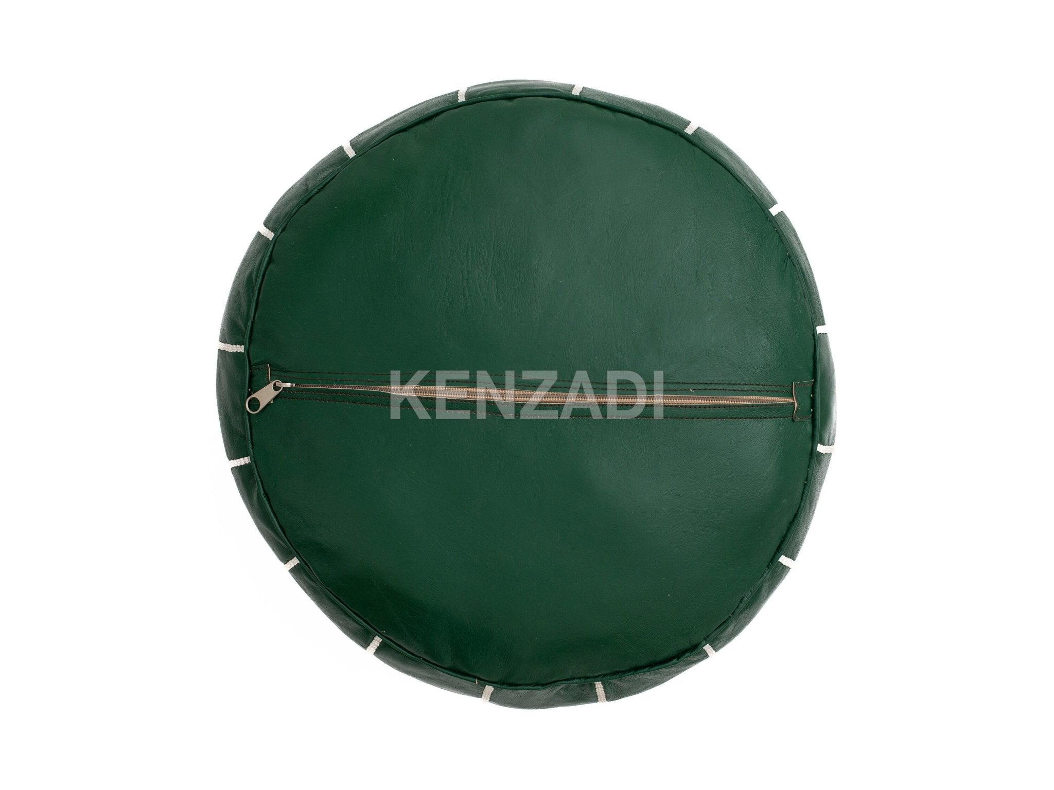 Moroccan leather pouf, round pouf, berber pouf, Green pouf with White embroidery by MyPoufs.com