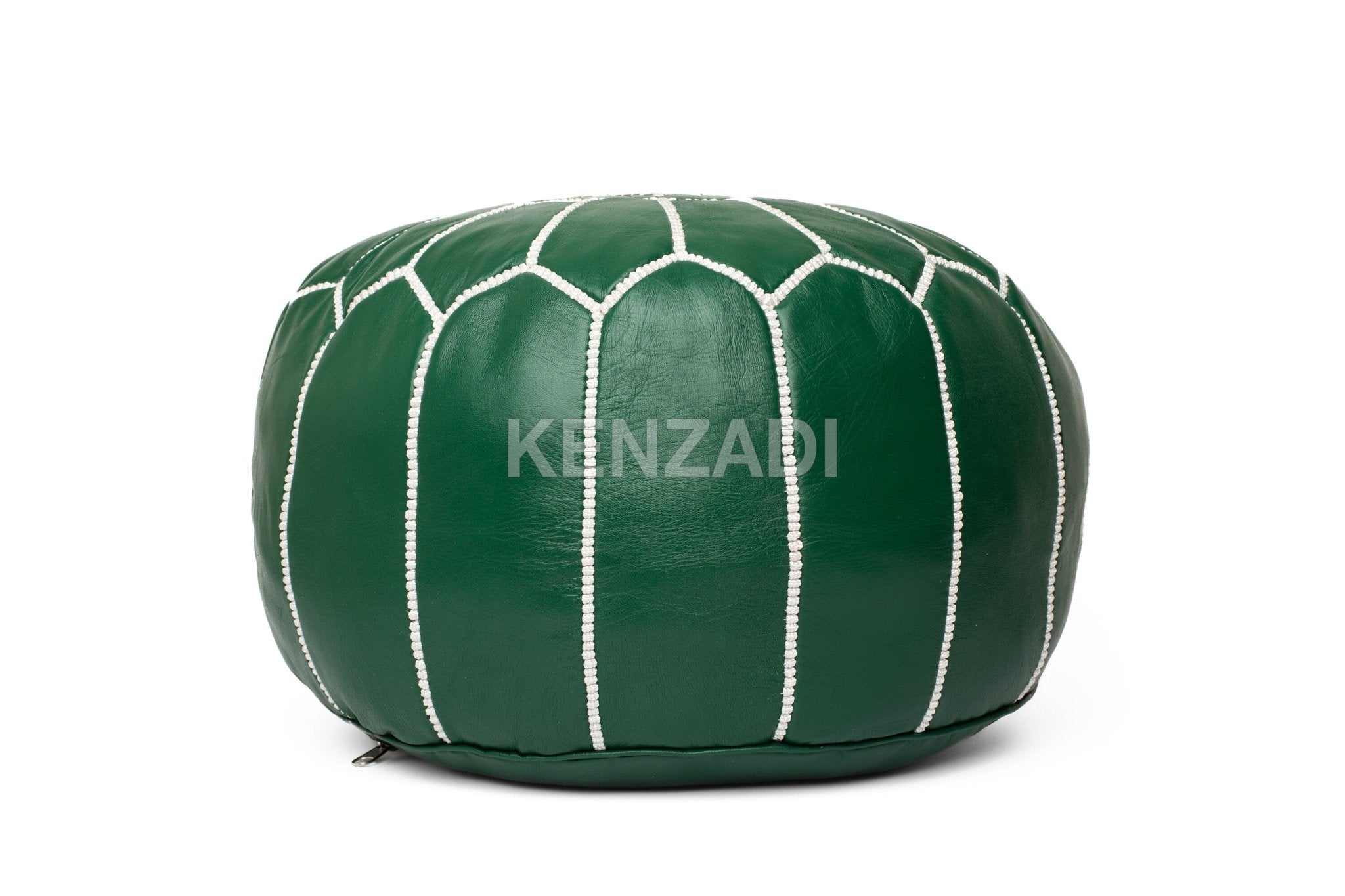 Moroccan leather pouf, round pouf, berber pouf, Green pouf with White embroidery by MyPoufs.com