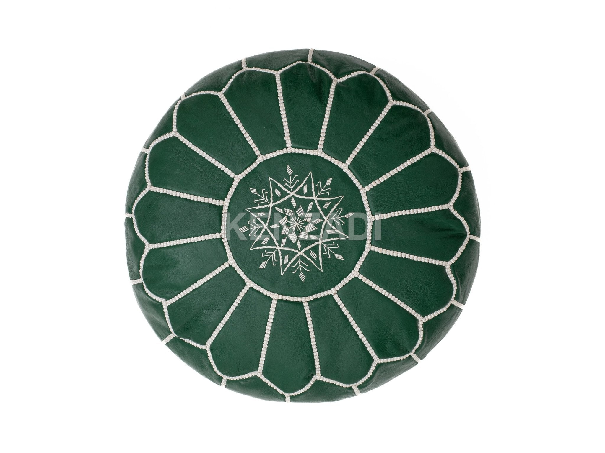 Moroccan leather pouf, round pouf, berber pouf, Green pouf with White embroidery by MyPoufs.com