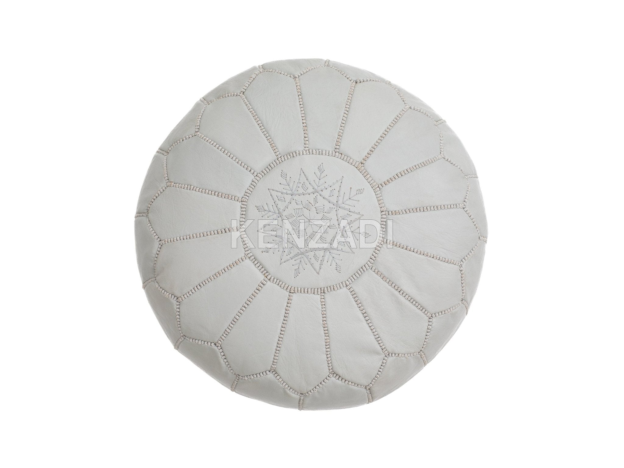 Moroccan leather Pouf, round Pouf, berber Pouf, Grey Pouf with Grey embroidery by MyPoufs.com
