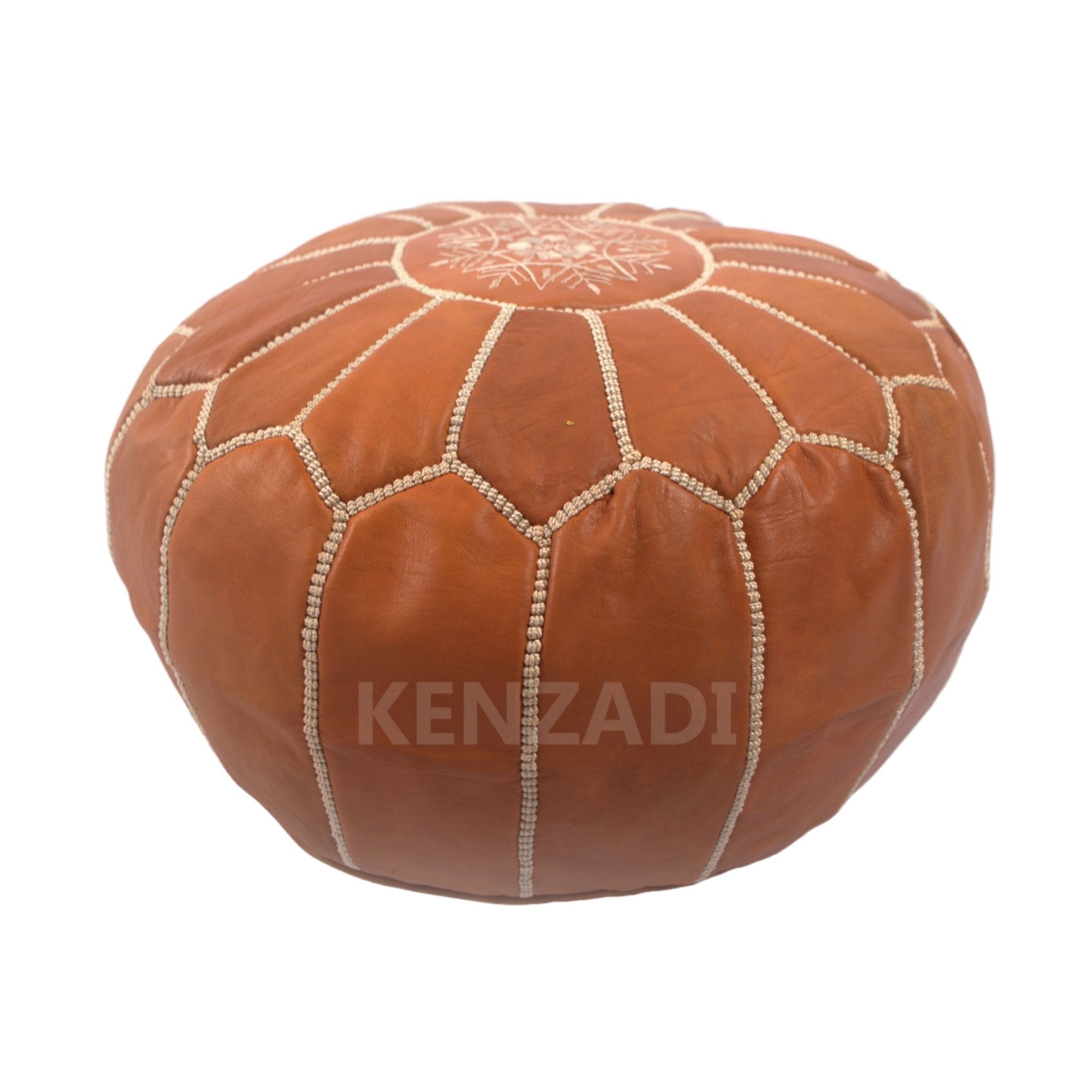 Moroccan leather pouf, round pouf, berber pouf, Light Brown with Beige embroidery by MyPoufs.com