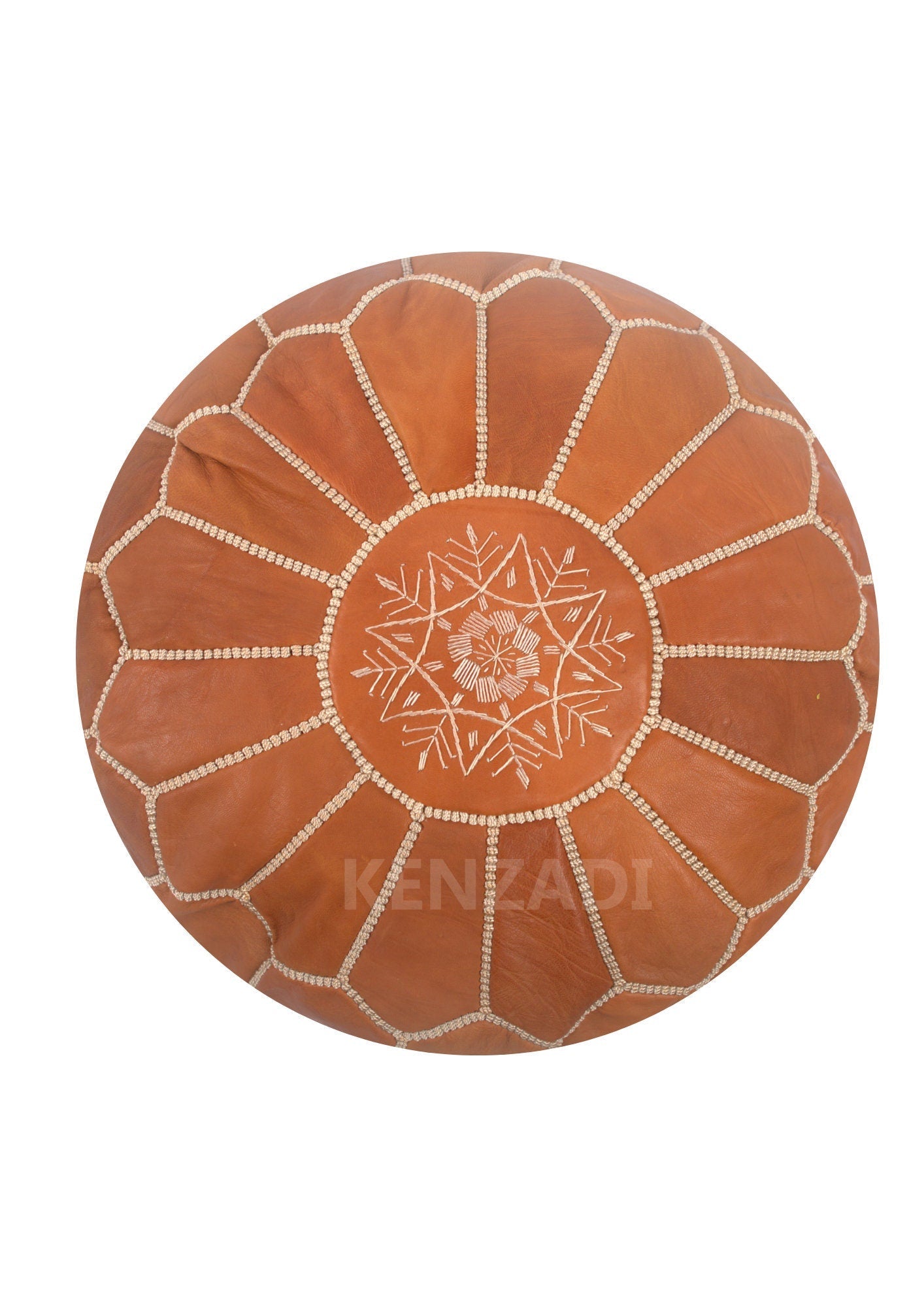 Moroccan leather pouf, round pouf, berber pouf, Light Brown with Beige embroidery by MyPoufs.com