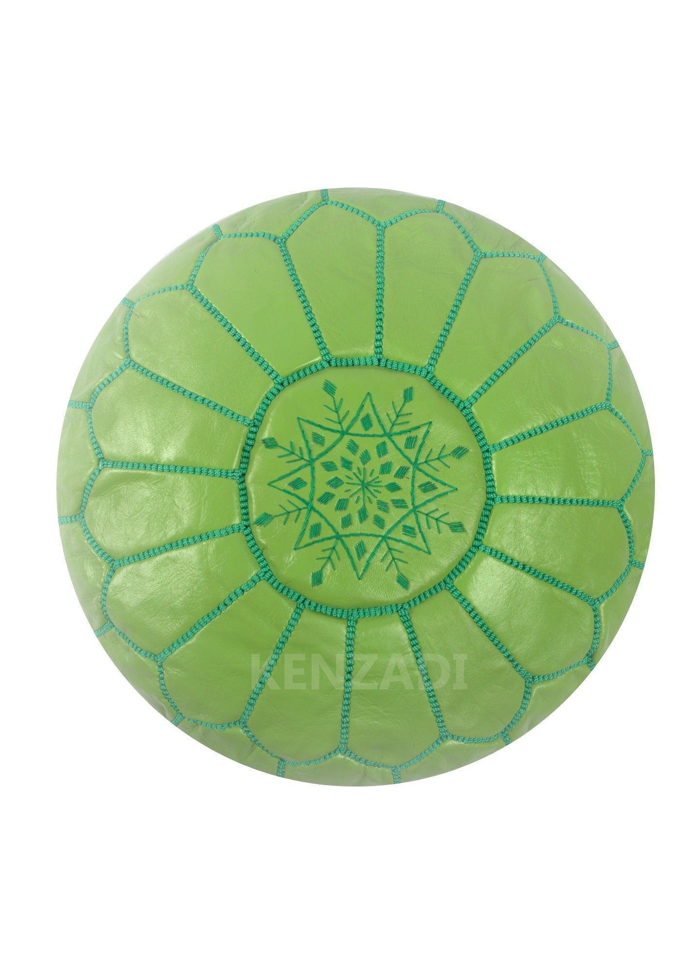 Moroccan leather pouf, round pouf, berber pouf, Light Green with Green embroidery by MyPoufs.com