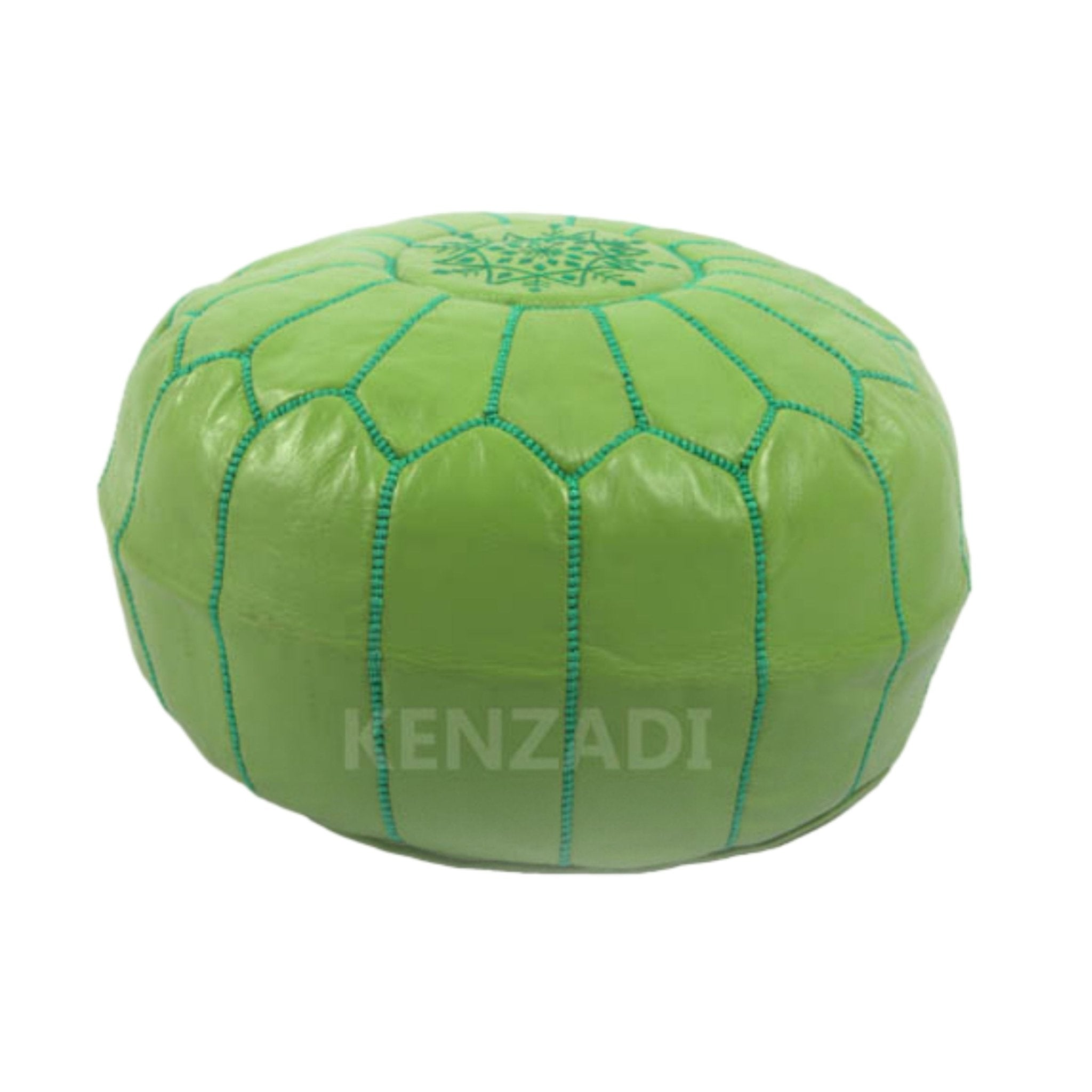 Moroccan leather pouf, round pouf, berber pouf, Light Green with Green embroidery by MyPoufs.com