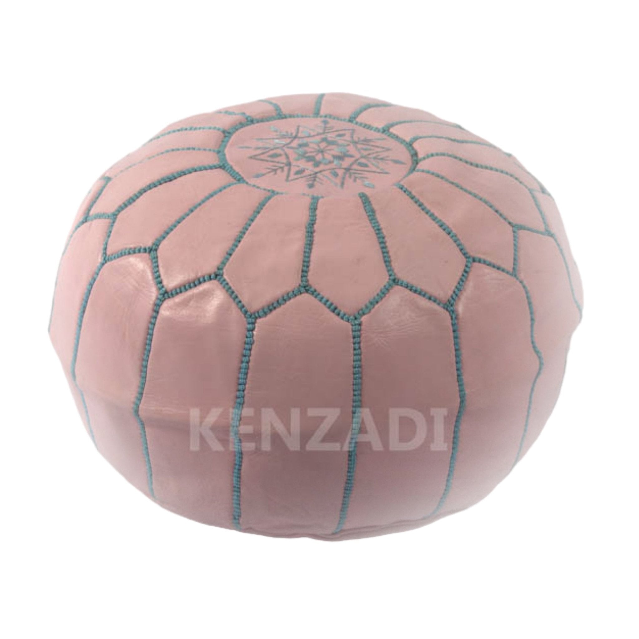 Moroccan leather pouf, round pouf, berber pouf, Pink pouf with Light blue embroidery by MyPoufs.com