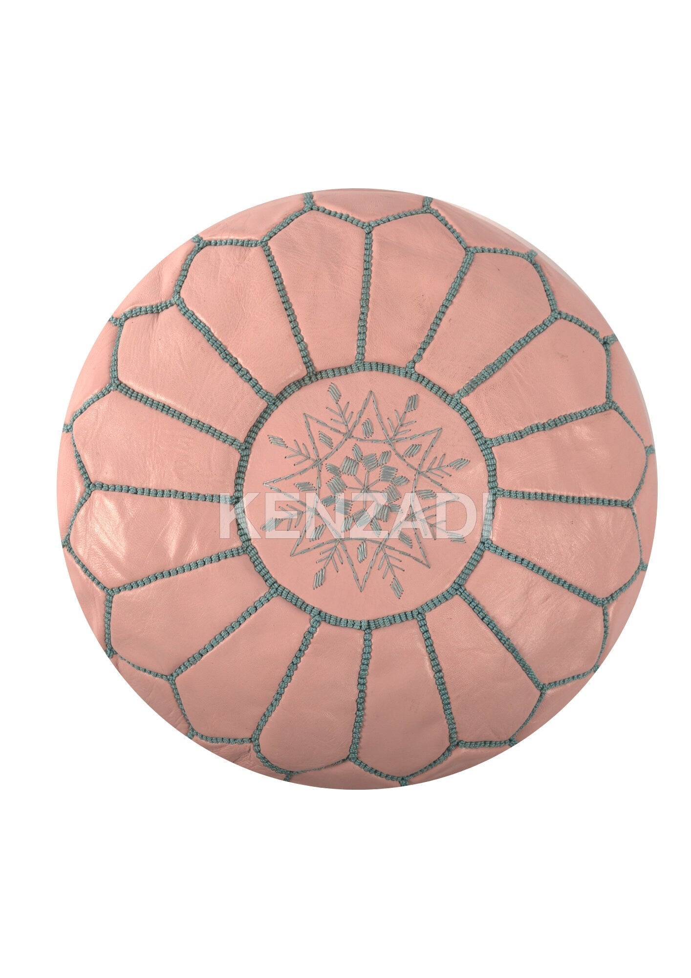Moroccan leather pouf, round pouf, berber pouf, Pink pouf with Light blue embroidery by MyPoufs.com
