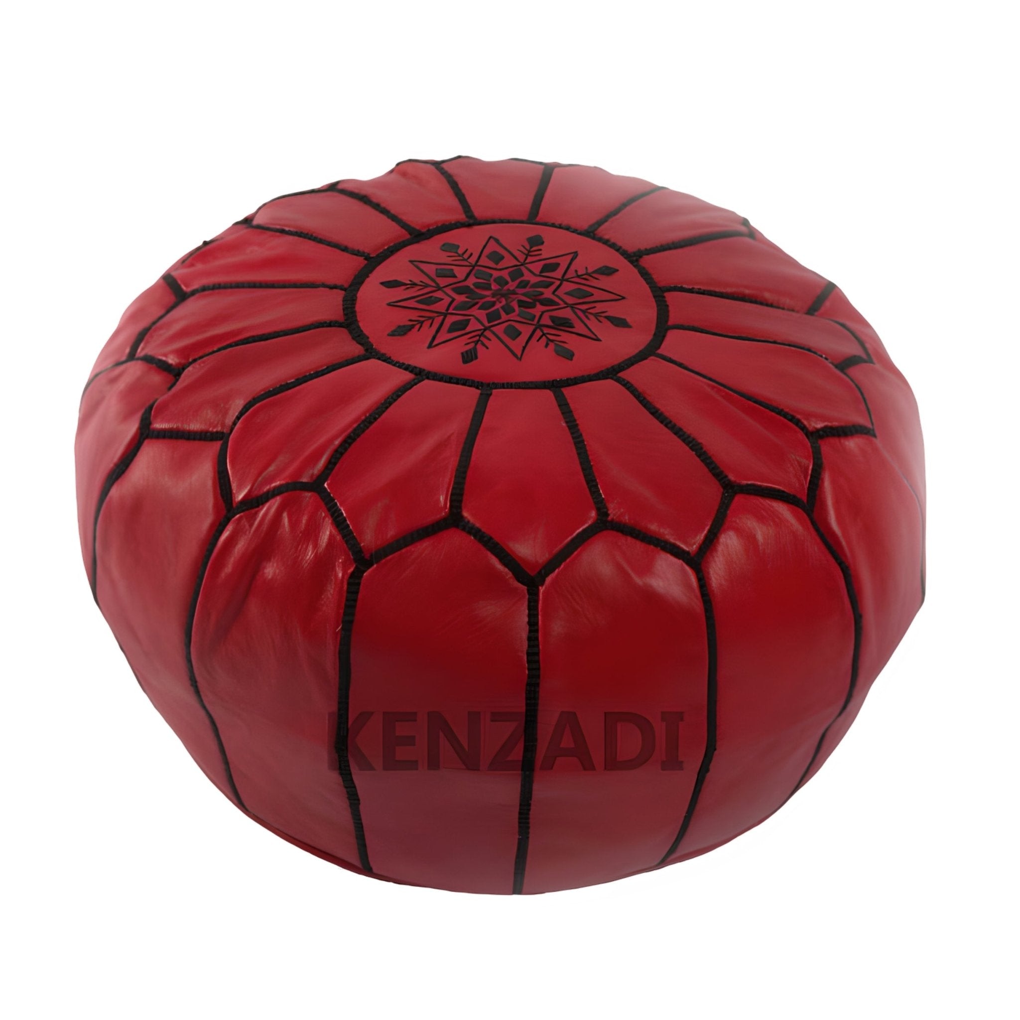 Moroccan leather pouf, round pouf, berber pouf, red pouf with black embroidery by MyPoufs.com