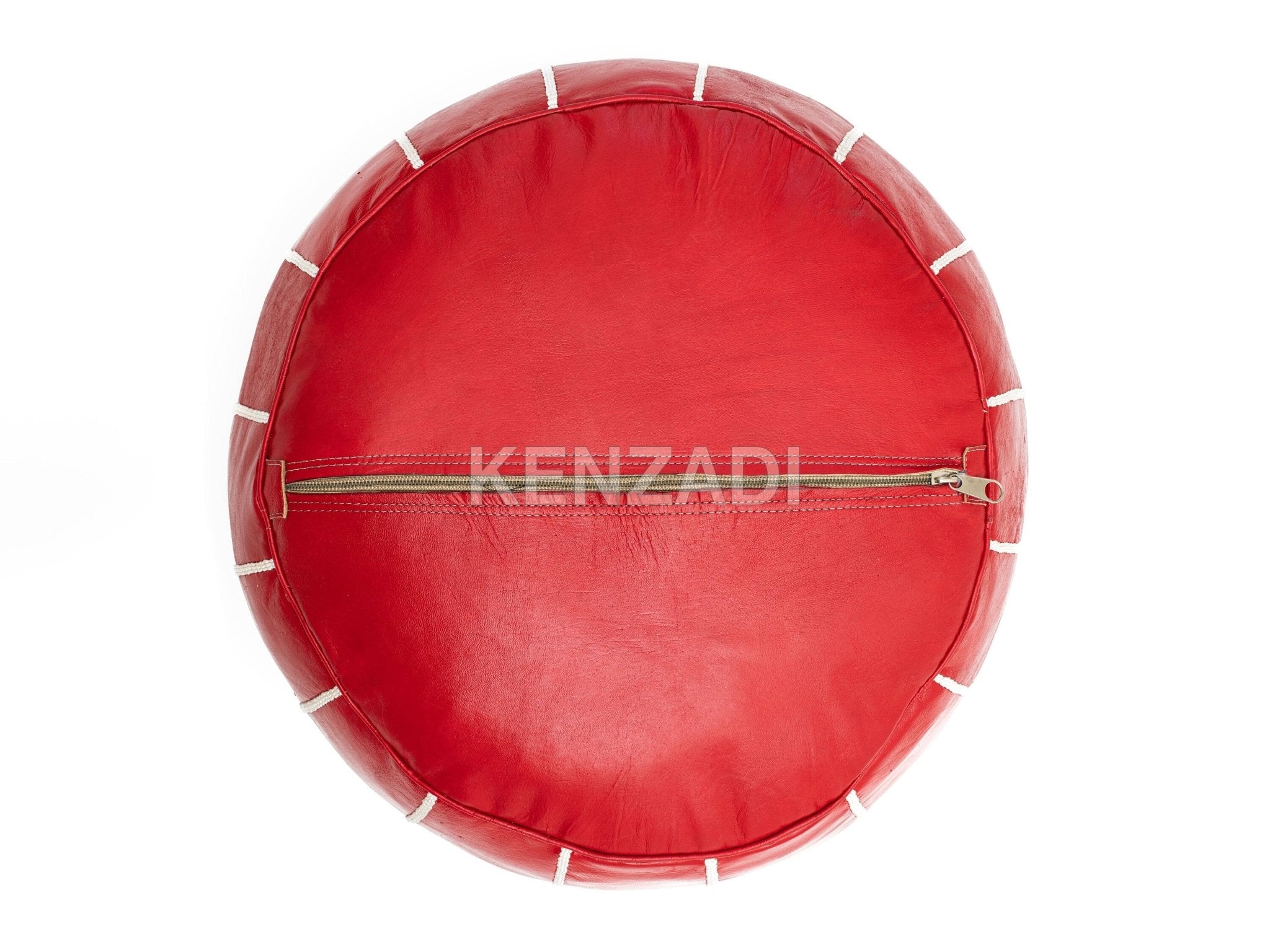 Moroccan leather pouf, round pouf, berber pouf, Red pouf with White embroidery by MyPoufs.com