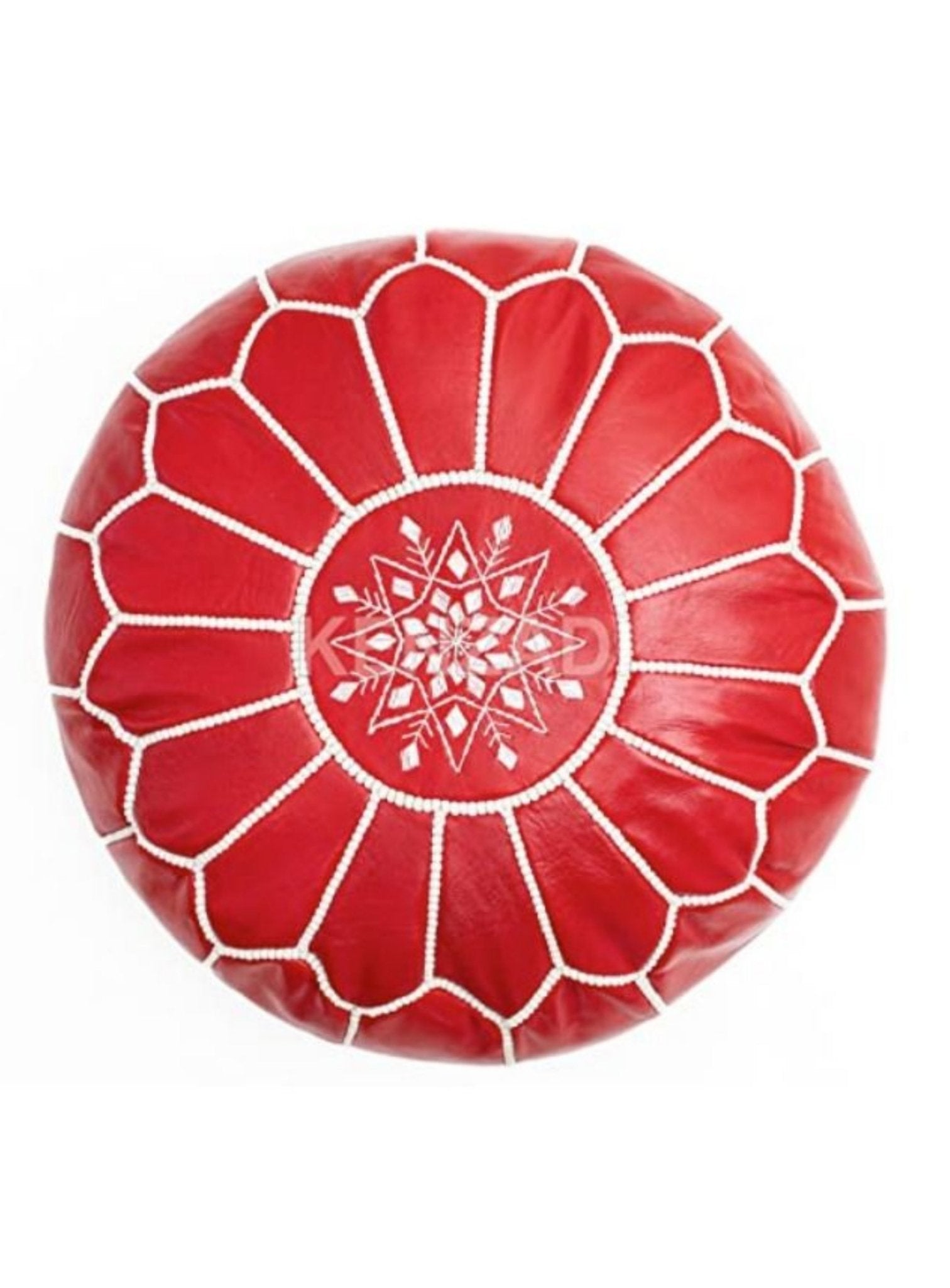 Moroccan leather pouf, round pouf, berber pouf, Red pouf with White embroidery by MyPoufs.com