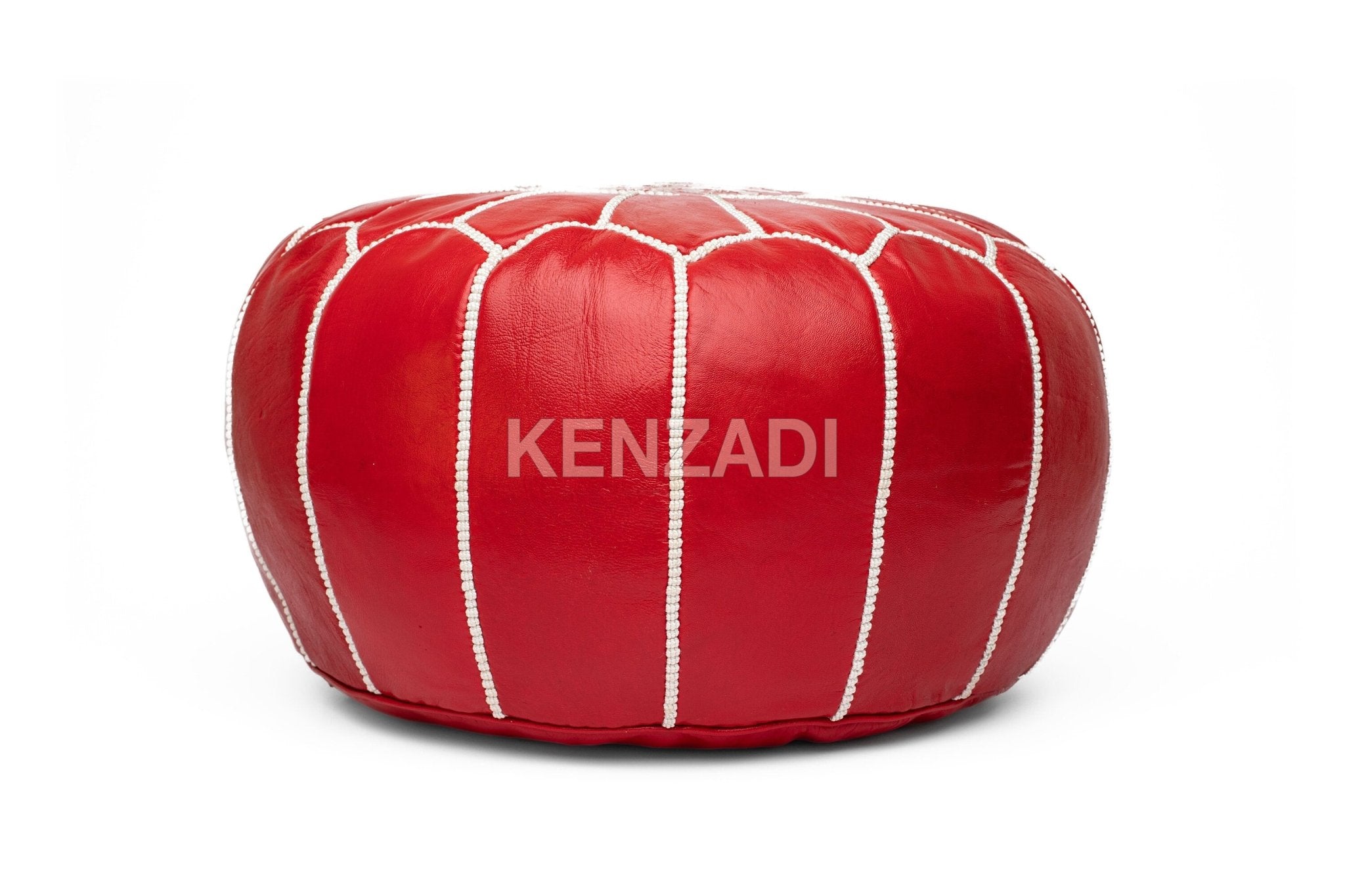 Moroccan leather pouf, round pouf, berber pouf, Red pouf with White embroidery by MyPoufs.com