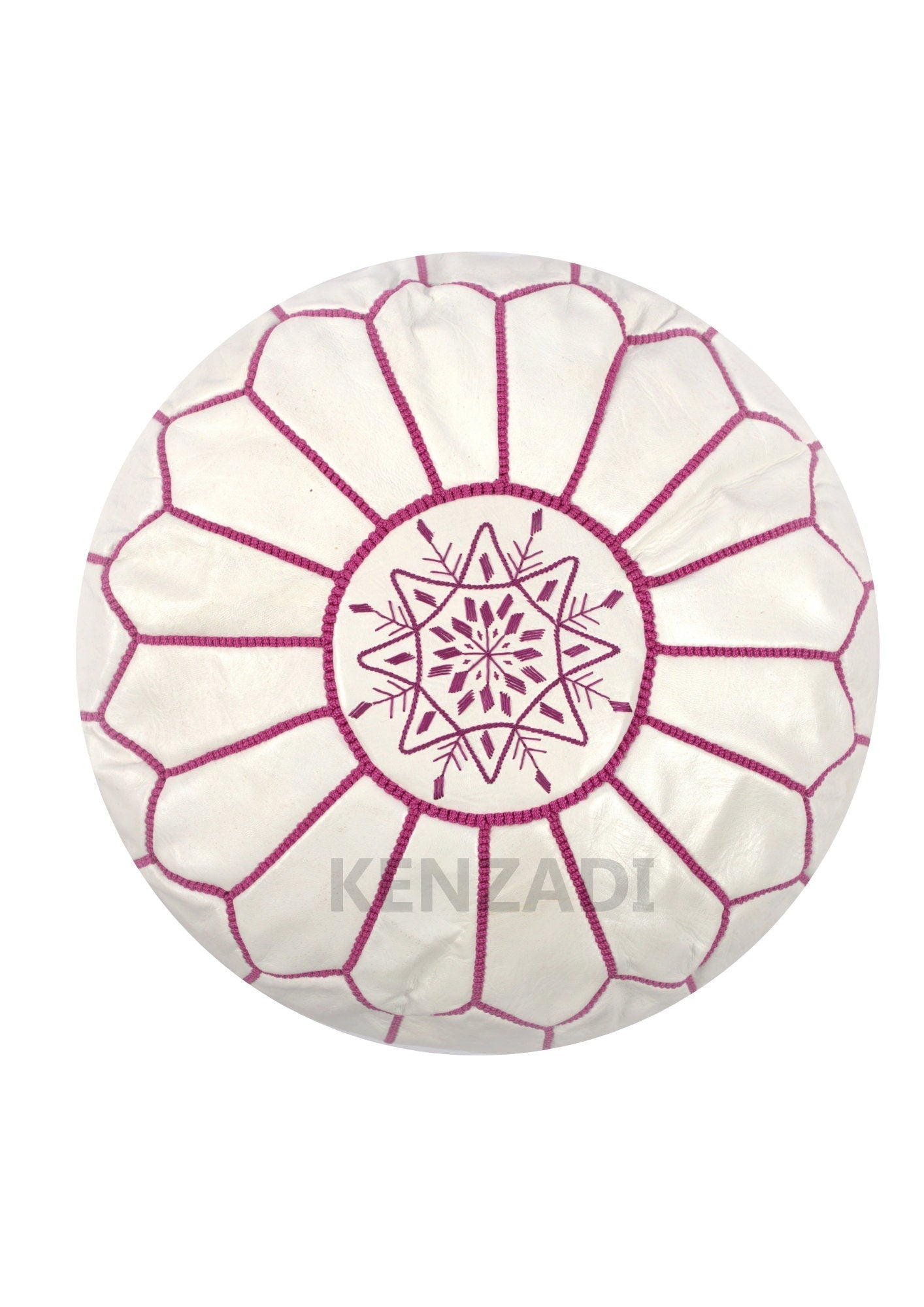 Moroccan leather pouf, round pouf, berber pouf, White with Pink embroidery by MyPoufs.com