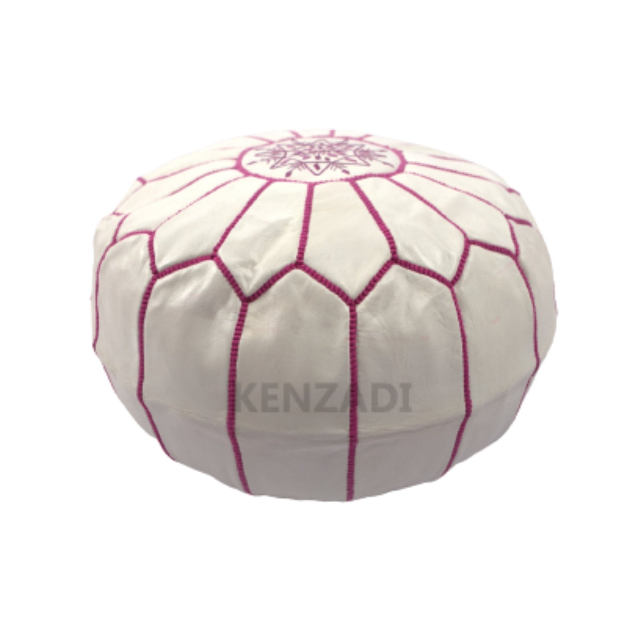Moroccan leather pouf, round pouf, berber pouf, White with Pink embroidery by MyPoufs.com