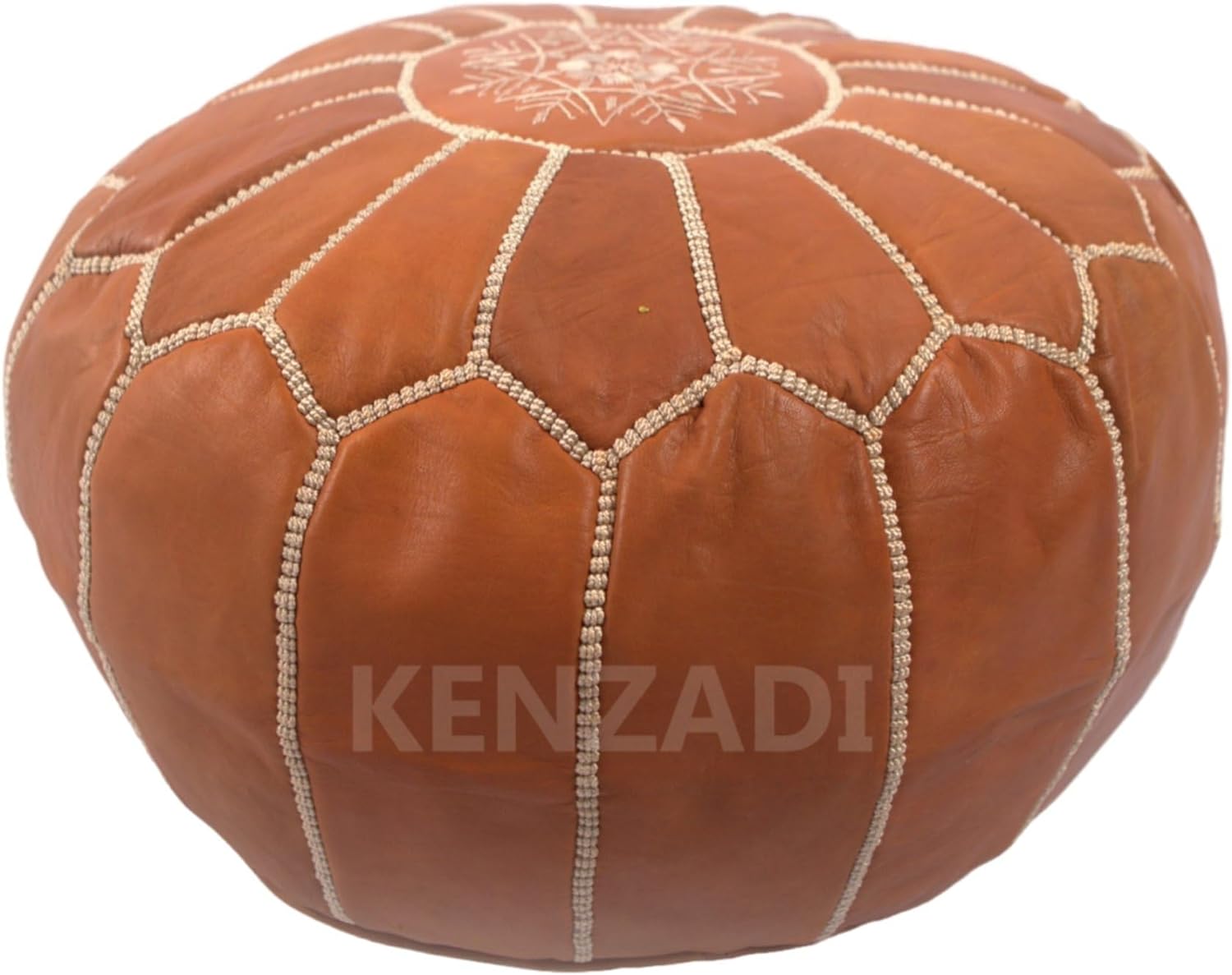 Stuffed Genuine Leather Pouf Handmade Stitched in Marrakech by Moroccan Artisans (Tan)
